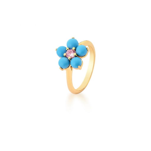 ANEL FLOR EM RESINA NA COR TURQUESA BANHADO A OURO