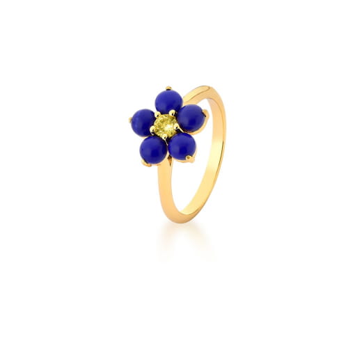 ANEL FLOR EM RESINA NA COR LÁPIS-LAZÚLI BANHADO A OURO