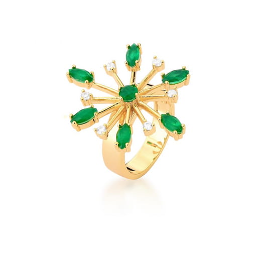 ANEL FLOR COM ZIRCÔNIAS ESMERALDA BANHADO A OURO