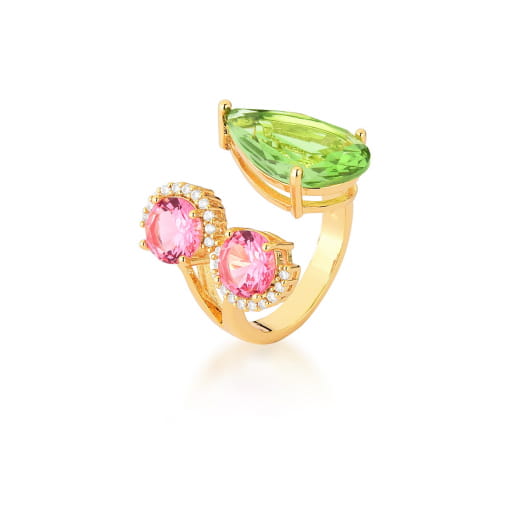 ANEL REGULÁVEL COM CRISTAIS PRASIOLITA E ROSA BANHADO A OURO