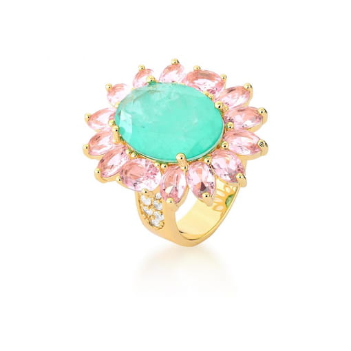 ANEL FLOR COM CRISTAL FUSION TURMALINA BANHADO A OURO