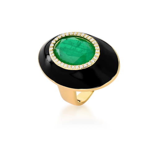 ANEL OVAL COM CRISTAL TURMALINA ESMALTADO PRETO BANHADO A OURO