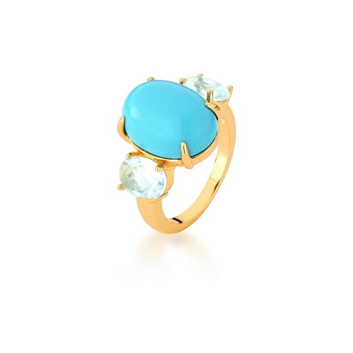 ANEL COM CABOCHÃO OVAL NA COR TURQUESA BANHADO A OURO