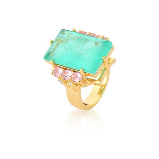 ANEL COM CRISTAL RETANGULAR FUSION TURMALINA BANHADO A OURO