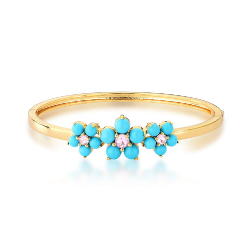 BRACELETE COM FLORES EM RESINA NA COR TURQUESA BANHADO A OURO