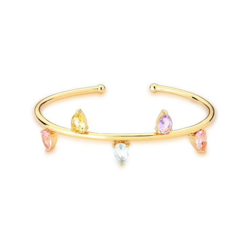 BRACELETE ABERTO COM ZIRCÔNIAS EM GOTA COLORIDAS BANHADO A OURO