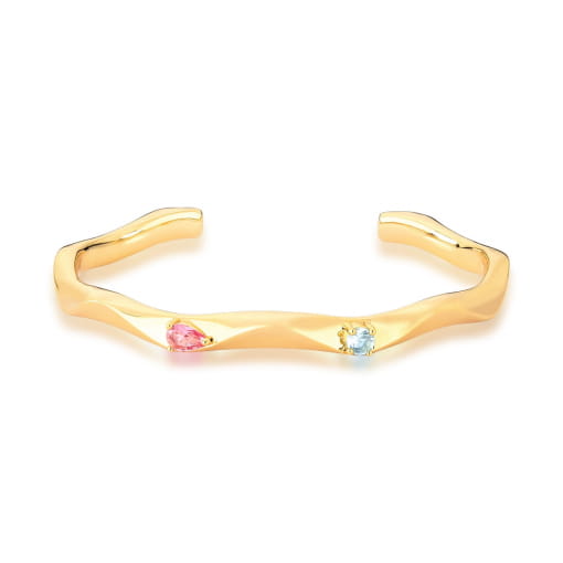 BRACELETE CURVO COM ZIRCÔNIAS ROSA E ÁGUA MARINHA BANHADO A OURO