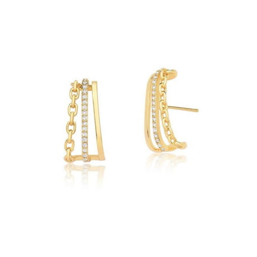 BRINCO EAR HOOK COM ELOS E ZIRCÔNIAS BRANCAS BANHADO A OURO