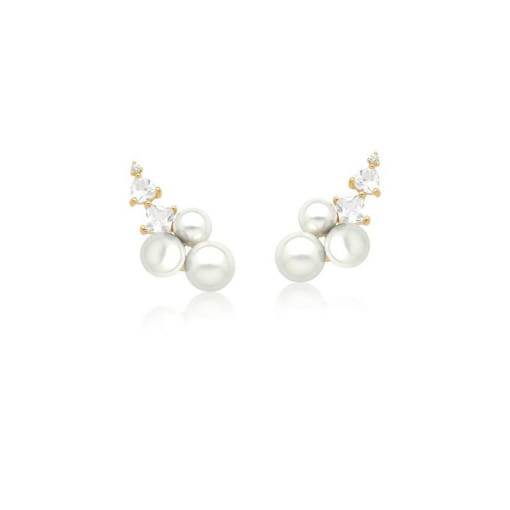 BRINCO EAR CUFF COM PÉROLAS E ZIRCÔNIAS BRANCAS BANHADO A OURO