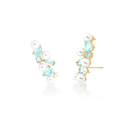 BRINCO EAR CUFF E ZIRCÔNIAS ÁGUA MARINHA E PÉROLA BANHADO A OURO