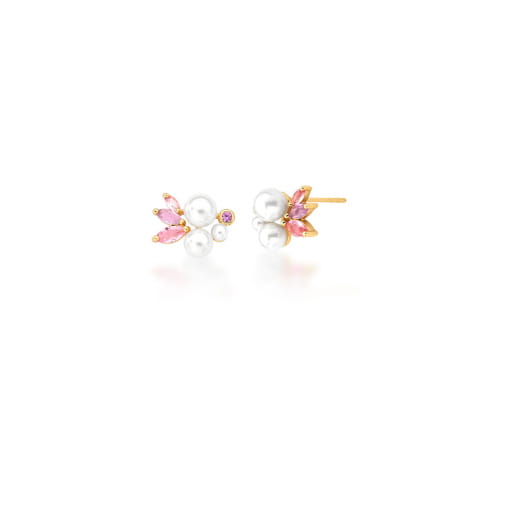 BRINCO COM ZIRCÔNIAS NAVETES ROSA E PÉROLA BANHADO A OURO