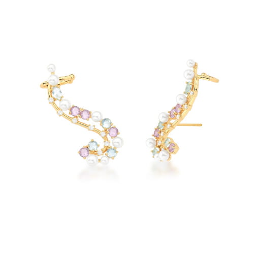 BRINCO EAR CUFF COM CRISTAIS COLORIDOS E PÉROLA BANHADO A OURO