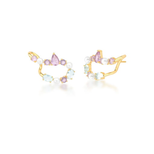 BRINCO EAR HOOK COM CRISTAIS COLORIDAS E PÉROLA BANHADO A OURO