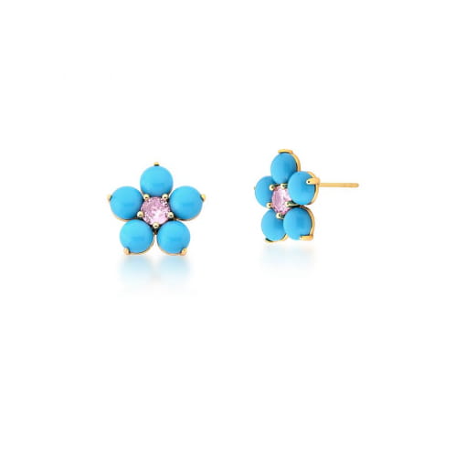 BRINCO FLOR EM RESINA NA COR TURQUESA BANHADO A OURO