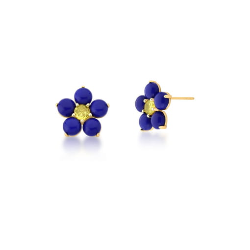 BRINCO FLOR EM RESINA NA COR LÁPIS-LAZÚLI BANHADO A OURO