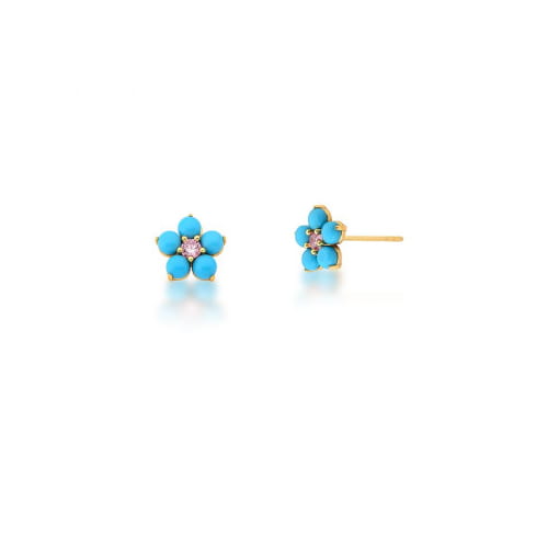 BRINCO FLOR EM RESINA NA COR TURQUESA BANHADO A OURO