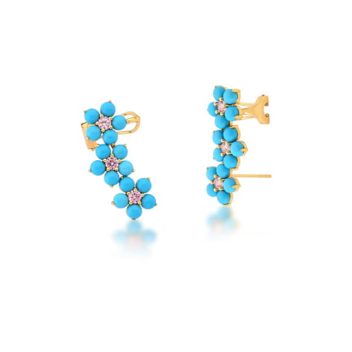 BRINCO EAR CUFF COM TRÊS FLORES TURQUESA BANHADO A OURO