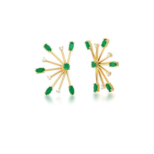BRINCO MEIA FLOR COM ZIRCÔNIAS ESMERALDA BANHADO A OURO