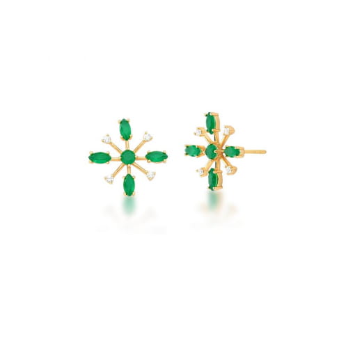 BRINCO DE FLOR COM ZIRCÔNIAS ESMERALDA BANHADO A OURO