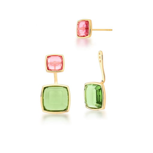 BRINCO EAR JACKET COM CRISTAIS PRASIOLITA E ROSA BANHADO A OURO