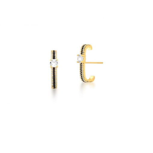 BRINCO EAR HOOK COM ZIRCÔNIAS NEGRAS E BRANCAS BANHADO A OURO