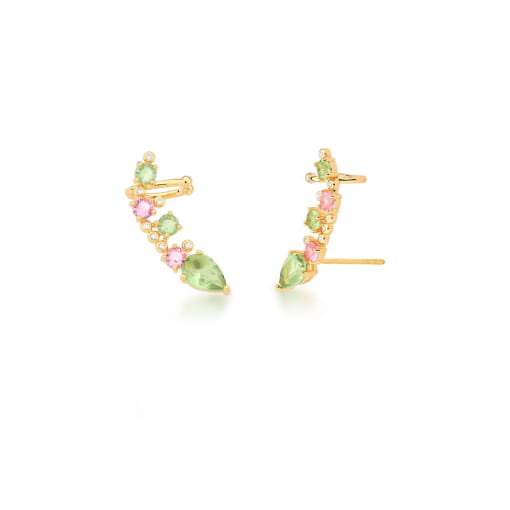 BRINCO EAR CUFF COM ZIRCÔNIAS PRASIOLITA E ROSA BANHADO A OURO
