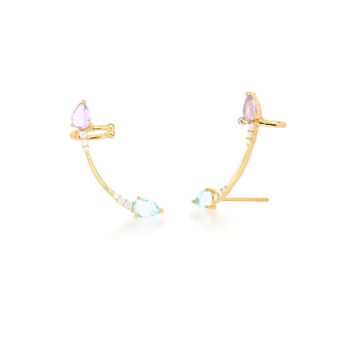 BRINCO EAR CUFF COM CRISTAIS EM GOTA COLORIDOS BANHADO A OURO