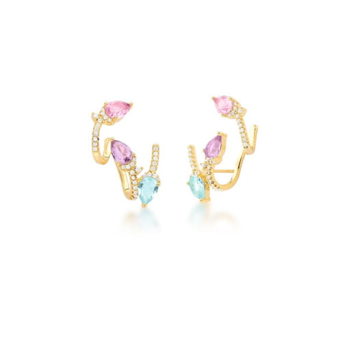 BRINCO EAR CUFF COM CRISTAIS EM GOTA COLORIDOS BANHADO A OURO