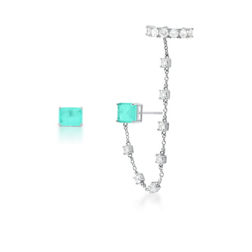 BRINCO ASSIMÉTRICO EAR LINE RETANGULAR TURMALINA BANHADO A RÓDIO
