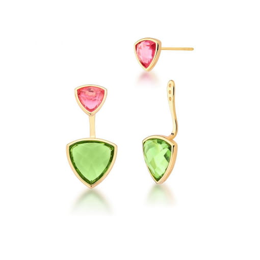 BRINCO EAR JACKET COM CRISTAIS PRASIOLITA E ROSA BANHADO A OURO