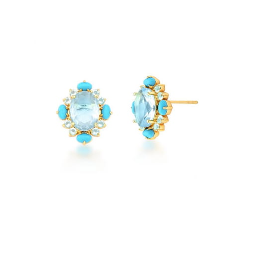 BRINCO COM CRISTAL ÁGUA MARINHA E CABOCHÕES TURQUESA B.OURO