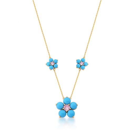 CORRENTE COM PINGENTE TRÊS FLORES TURQUESA BANHADA A OURO