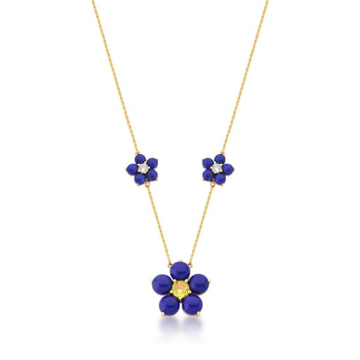 CORRENTE COM PINGENTE TRÊS FLORES LÁPIS-LAZÚLI BANHADA A OURO