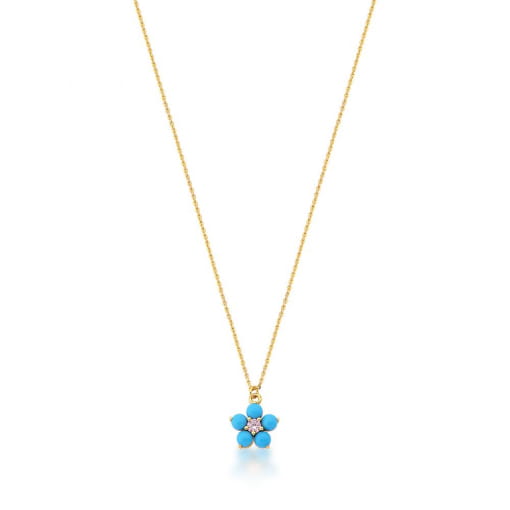 CORRENTE COM PINGENTE FLOR EM RESINA TURQUESA BANHADA A OURO