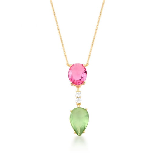 CORRENTE COM CRISTAIS PRASIOLITA E ROSA BANHADA A OURO