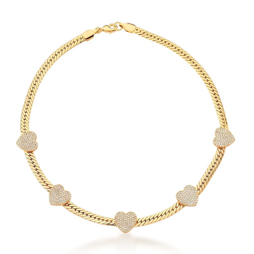 CHOKER COM PINGENTES DE CORAÇÕES BRANCOS BANHADA A OURO