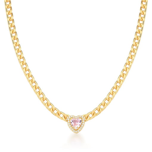 CHOKER COM PINGENTE CRISTAL CORAÇÃO ROSA BANHADA A OURO