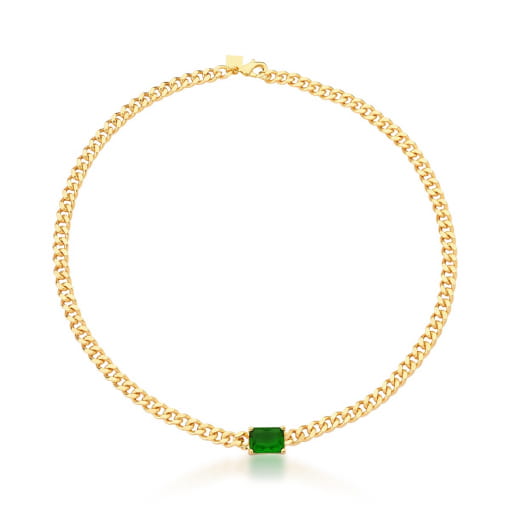 CHOKER EM MALHA GROUMET CRISTAL ESMERALDA BANHADA A OURO
