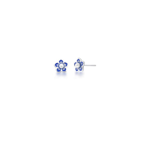 BRINCO KIDS DE FLOR ESMALTADO AZUL E PÉROLA SHELL PRATA LISA
