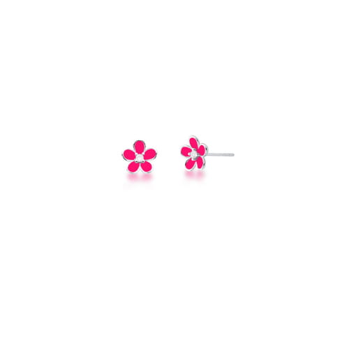 BRINCO KIDS DE FLOR ESMALTADO PINK ZIRCÔNIA BRANCA PRATA LISA
