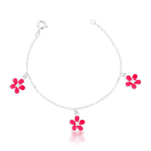 PULSEIRA KIDS COM TRÊS PINGENTES DE FLOR PRATA LISA