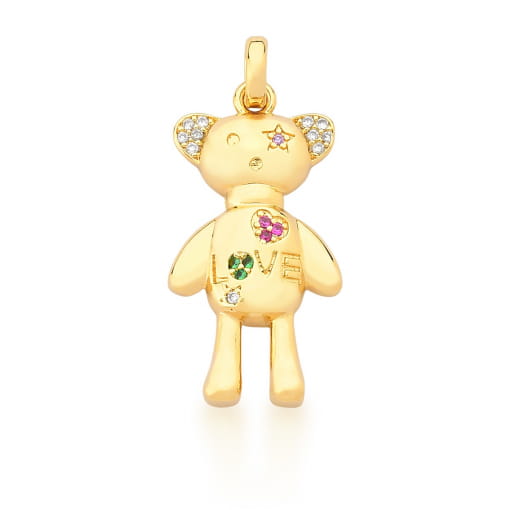 PINGENTE DE URSINHO COM ESCRITA LOVE COLORIDO BANHADO A OURO