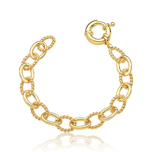 PULSEIRA COM ELOS TRANÇADOS E LISOS BANHADA A OURO