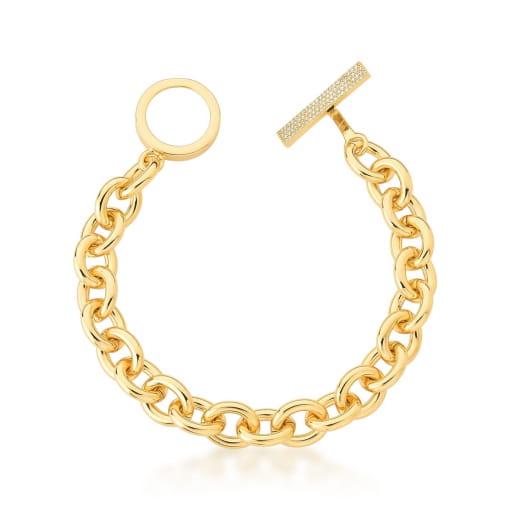 PULSEIRA TRAVA COM ZIRCÔNIAS BRANCAS E ELOS BANHADA A OURO
