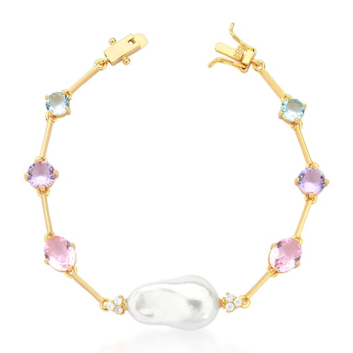 PULSEIRA COM CRISTAIS COLORIDOS E PÉROLA BARROCA BANHADA A OURO