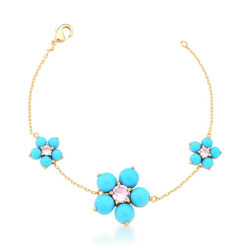 PULSEIRA COM TRÊS PINGENTES DE FLORES TURQUESA BANHADA A OURO