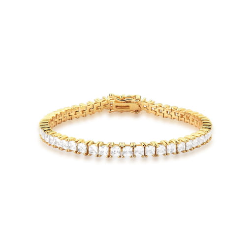 PULSEIRA RIVIERA COM ZIRCÔNIAS QUADRADAS BRANCAS BANHADA A OURO