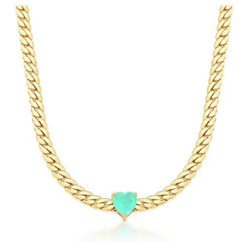 CHOKER MALHA GROUMET E CRISTAL CORAÇÃO TURMALINA BANHADA A OURO