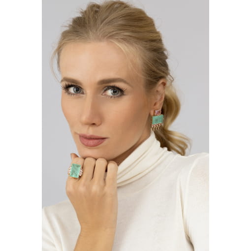 ANEL COM CRISTAL RETANGULAR FUSION TURMALINA BANHADO A OURO