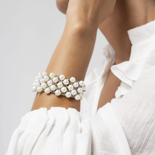 BRACELETE COM ZIRCÔNIAS PRASIOLITA E PÉROLA BANHADO A OURO